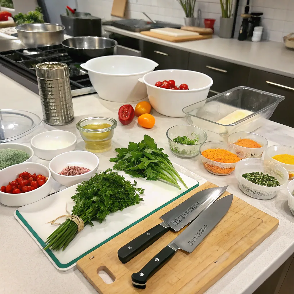 Cooking class supplies laid out on a kitchen counter