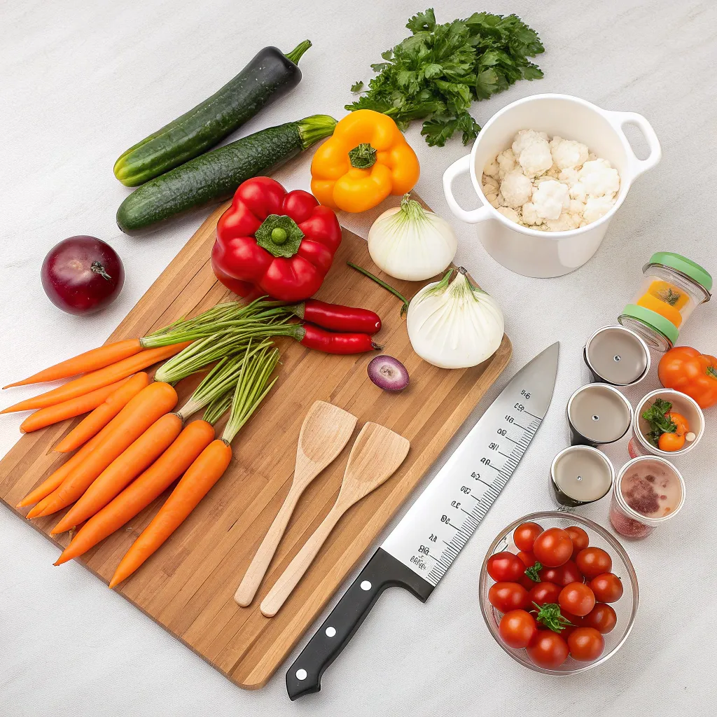 Fresh vegetables and cooking utensils set for a beginner course